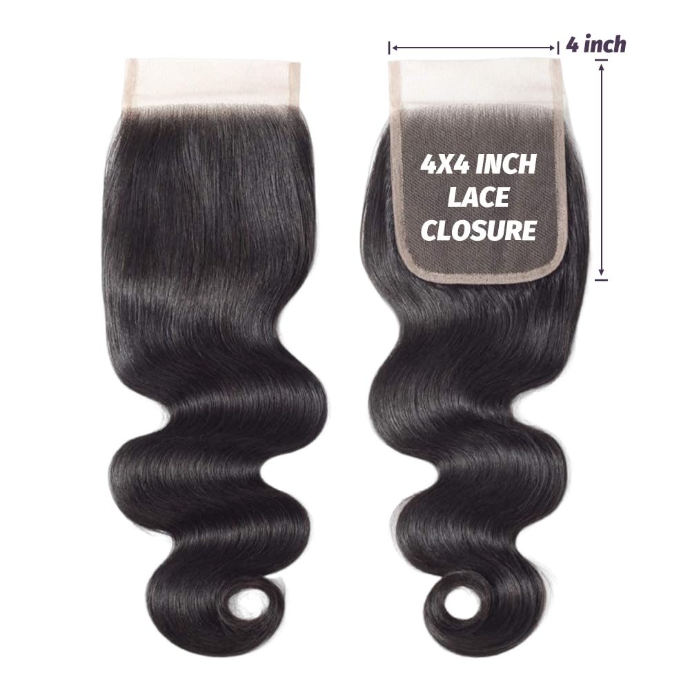 4x4 HD Lace Closure Body Wave Closure Human Hair 16 Inch Lace Closure 100% Unprocessed Brazilian Virgin Human Hair Extensions 150% Density Remy Human Hair Closure Pre Plucked Natural Black