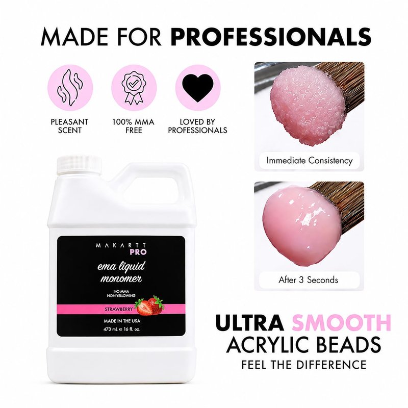 MakarttPro Strawberry Scented Monomer for Acrylic Nail Sets and Acrylic Nail Kit, 16oz - Medium to Fast Setting, MMA Free, Made in USA, Professional Quality Acrylic Liquid