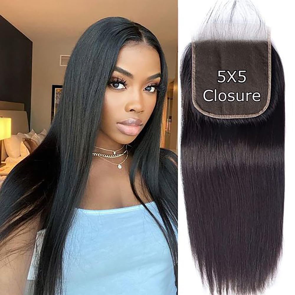 5x5 Transparent Lace Closure Hair Closure Invisible Lace Closure 10A Brazilian Virgin Remy Human Hair Frontal Closure Human Hair Extensions Pre Plucked (5x5 lace closure straight, 16 inch)