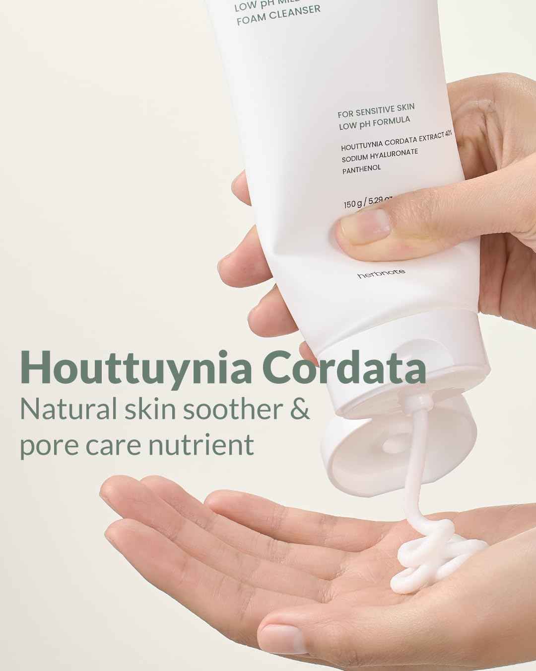 herbnote Heartleaf Low pH Deep Foam Cleanser - Gently Removes Sebum, Deep Cleans Pores - Contains 80% Houttuynia Cordata, Hyaluronic Acid, Soothes and Enhances Sensitive Skin, 5.29oz.