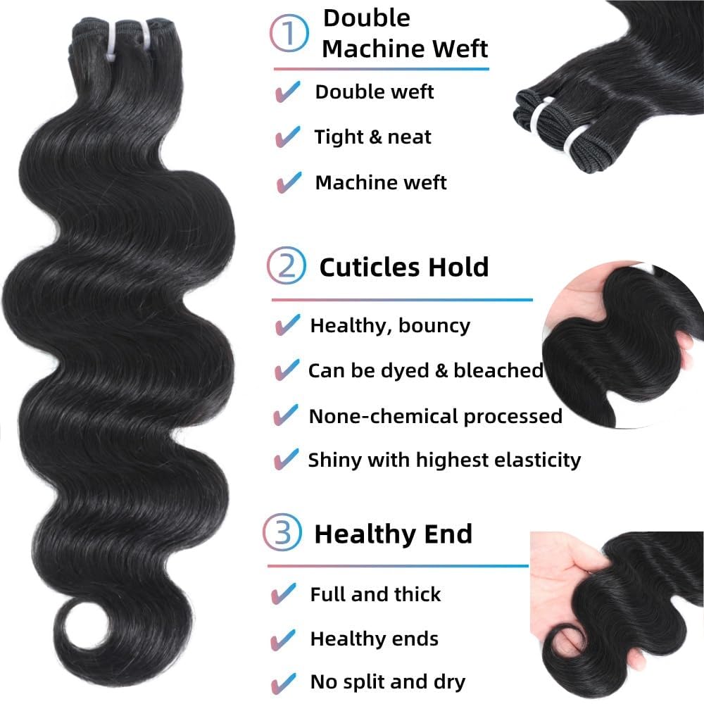 DAHONG HAIR 12A Remy Cuticle Aligned Human Hair Body Wave 4 Bundles 12 Inch, Double Machine Weft No Shedding No Tangling Thick Ends Natural Black, Quick Weave for Daily & All Occasions