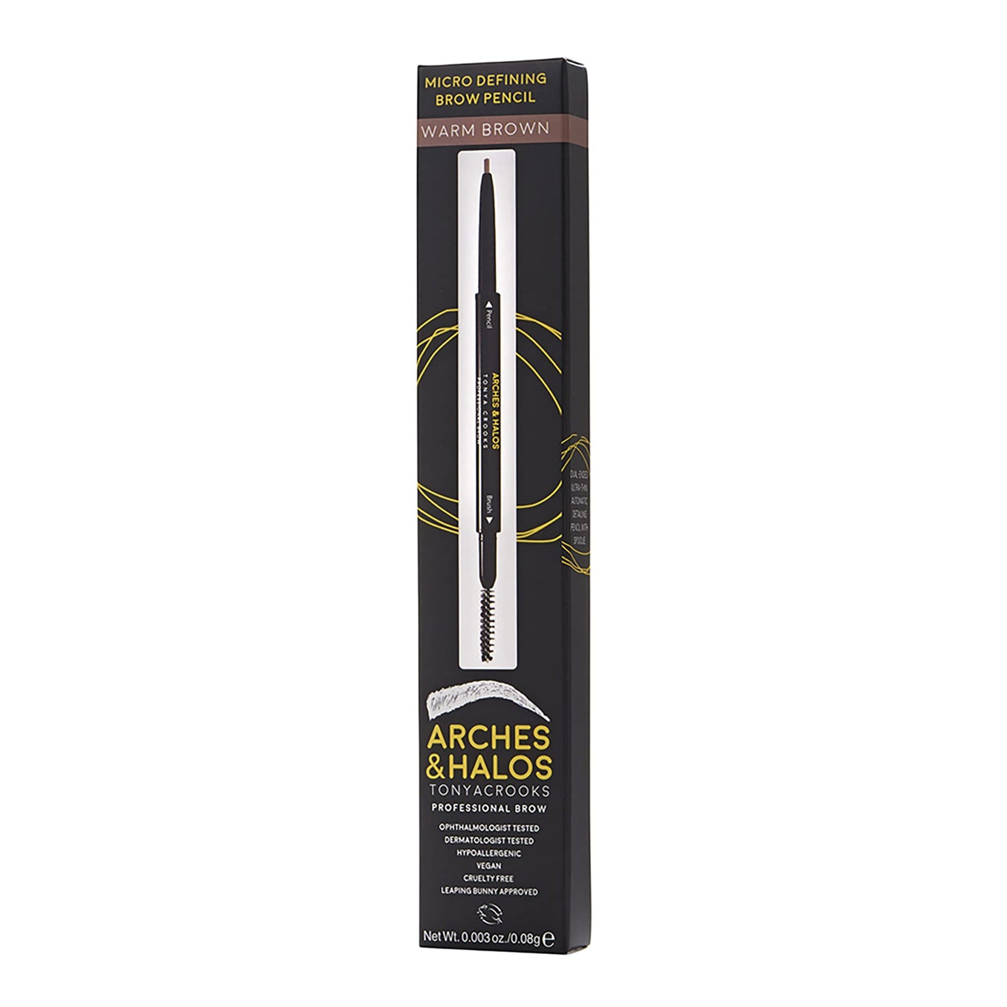 Arches & Halos Micro Defining Brow Pencil - Get Fuller and More Defined Brows - Long-Lasting, Smudge Proof, Rich Color - Dual Ended Pencil with Brush - Vegan and Cruelty Free - Warm Brown, 0.08 g