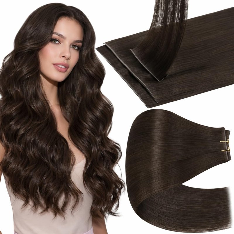 Full Shine Brown Wire Human Hair Extensions, Darkest Brown Hair Extension Clip In With Transparent Fish Line Straight Layered Hairpiece 14 Inch 80g