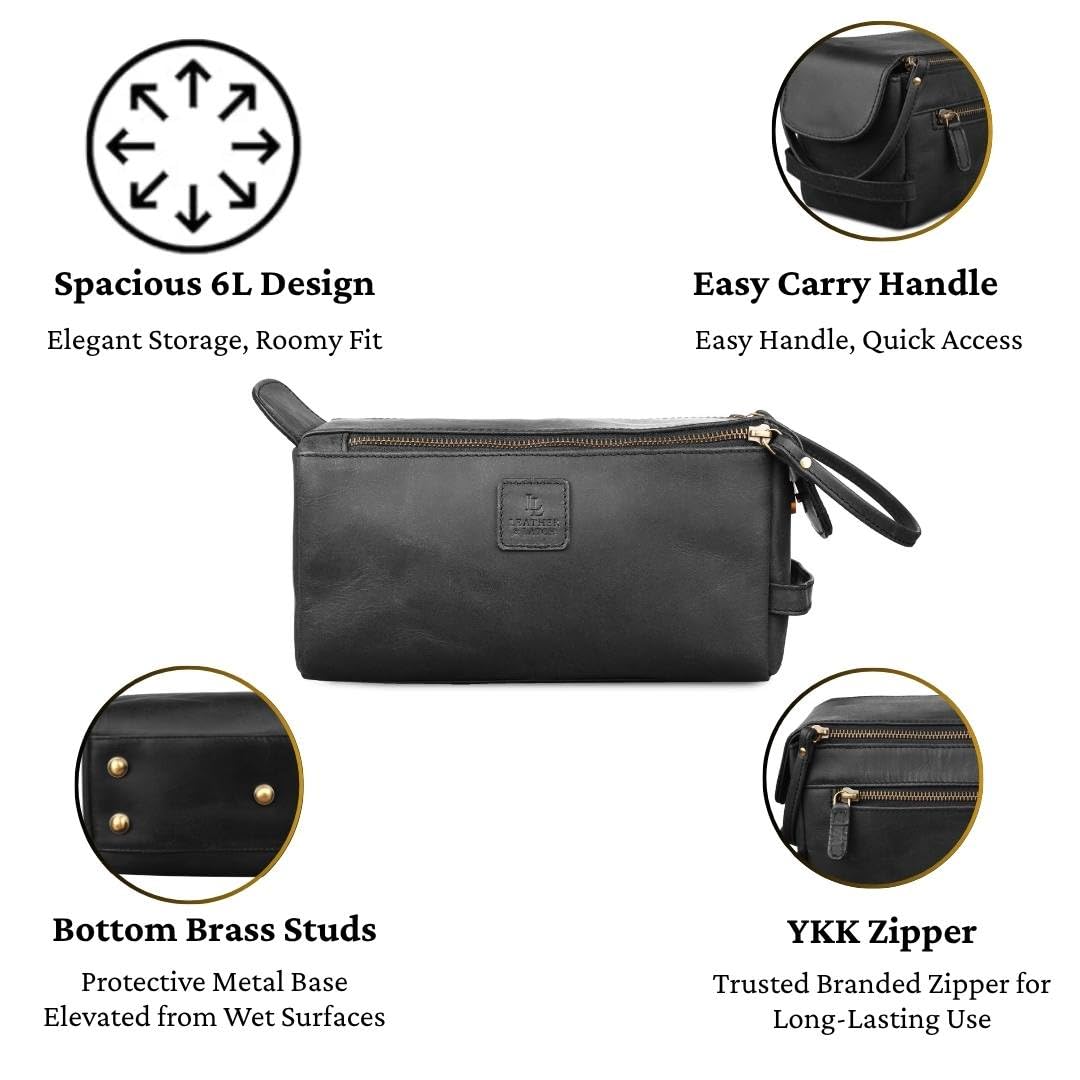 Full Grain Leather Toiletry Kit for Men & Women – Travel Toiletries & Shaving Bag Organizer, Water-Resistant Grooming Case for Bathroom, Makeup & Cosmetic Storage - Midnight Black