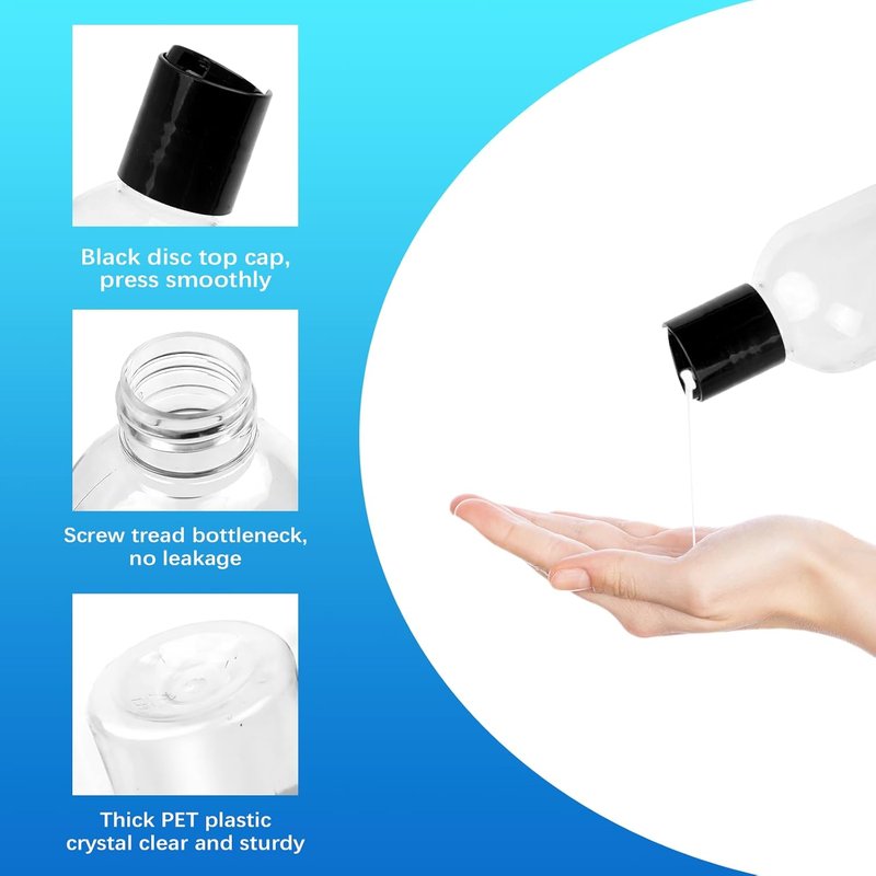 Travel Bottles Set - 34 Pcs Refillable Squeeze Containers for Shampoo, Lotions & Creams | Clear 8 oz