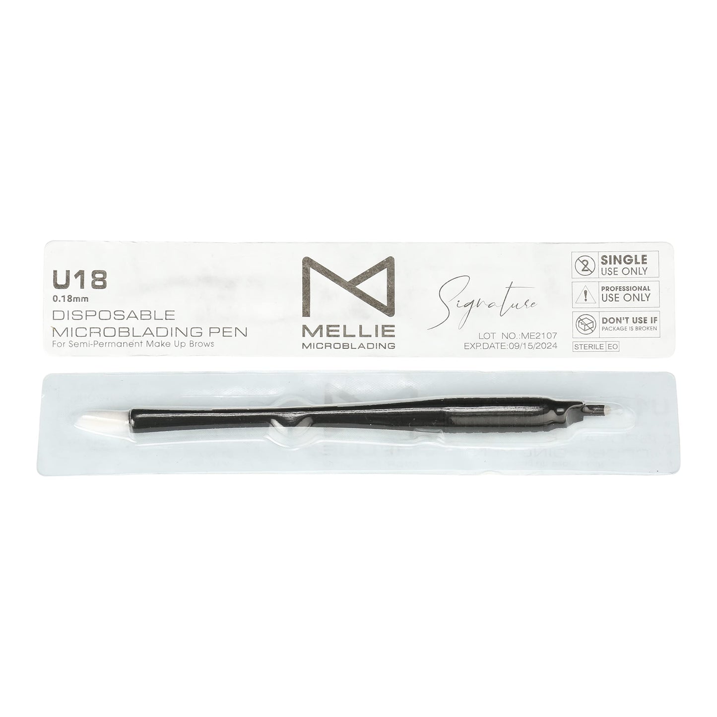 Mellie's Signature Microblading Eyebrow Pen (Pack of 10) - Disposable Microblading Pen with Sterilized Blade, Comfortable Rubber Grip and Pigment Sponge for Flawless Bro (U18.18mm, Black)