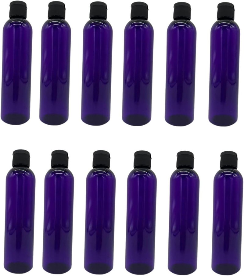 Purple Cosmo Plastic Bottles - 12 Pack Refillable BPA-Free Bottles for Essential Oils | Black Flip Top Cap - 8 oz Made in the USA