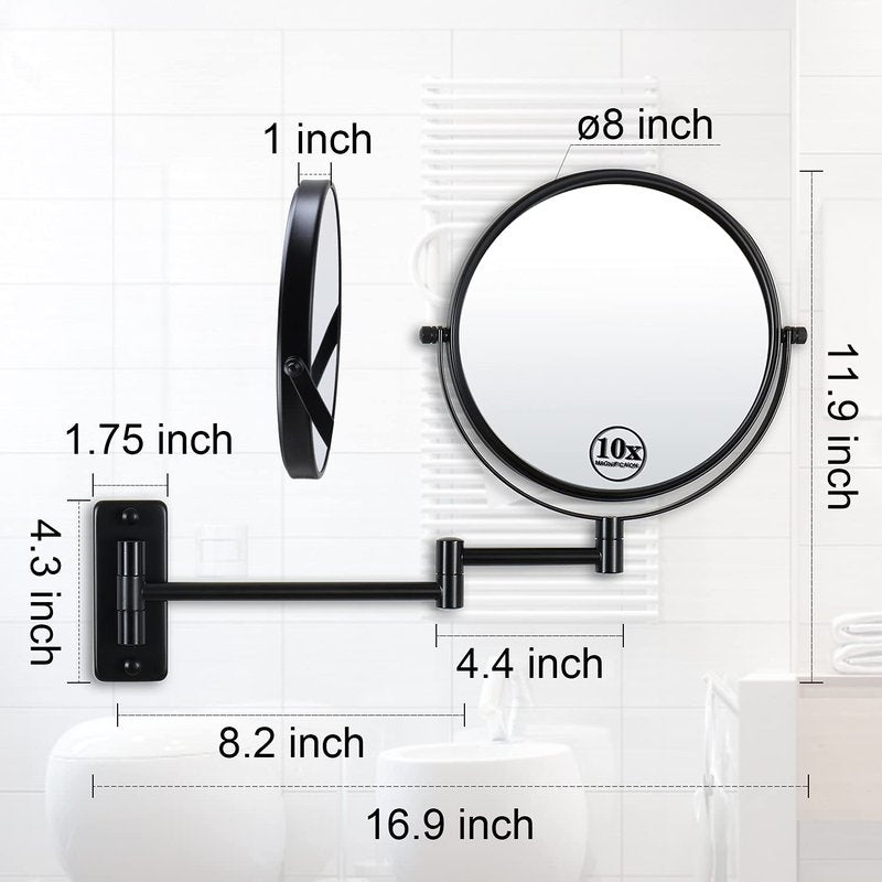 LANSI Wall Mounted Magnifying Makeup Mirror with 1X 10X Magnification and Extendable Arm, 8 Inch Double Sided Vanity Mirror for Bathroom, Wall Mirror for Teen Girls, Women, Matte Black