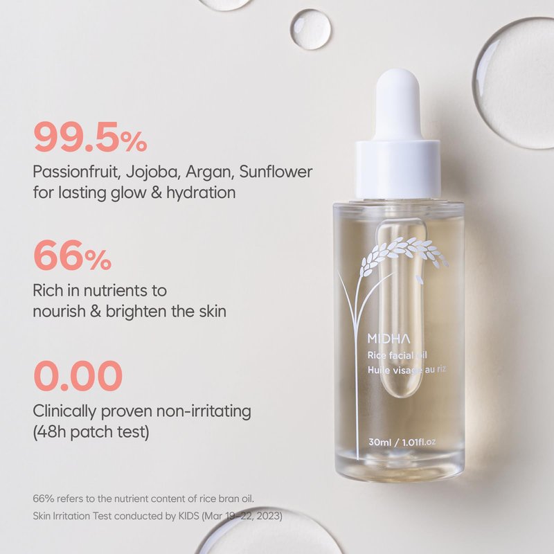MIDHA Rice Facial Oil 30ml for skin moisturizing, deep, intense and immediate hydration and quick absorption with non greasy light oil like as rice bran oil