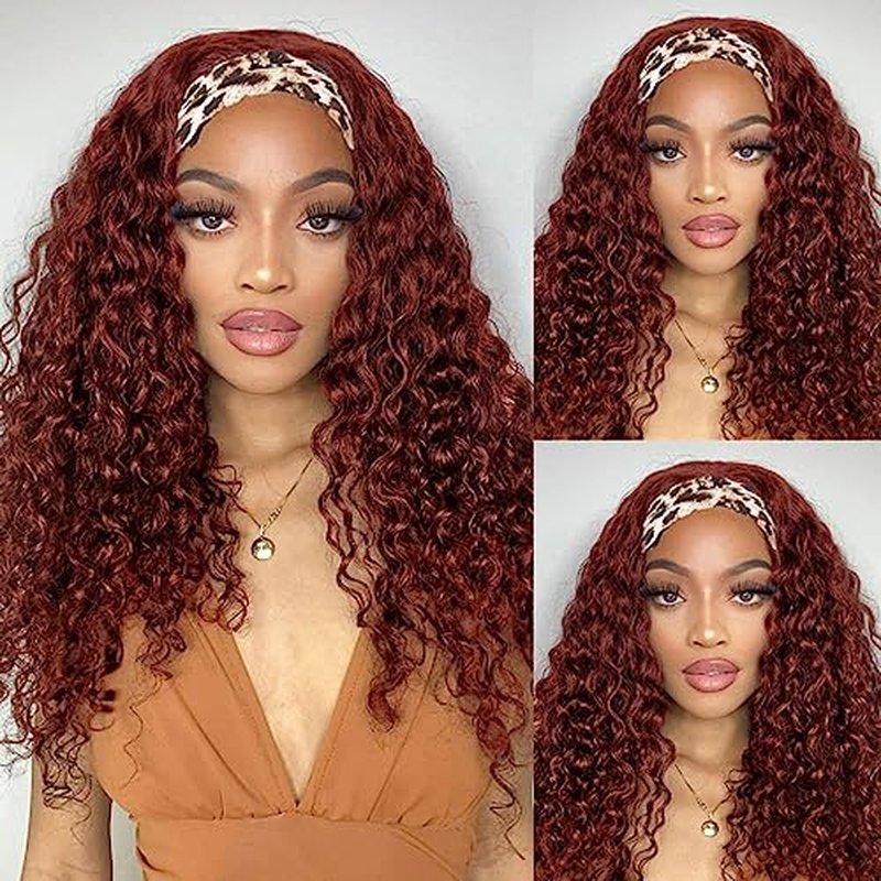 Headband Wig Deep Wave Human Hair Glueless None Lace front Human Hair Brazilian Virgin Machine Mlade Deep Curly Hair Headband Half Wigs for Black Women, Reddish Brown Headband Wig,24 inch