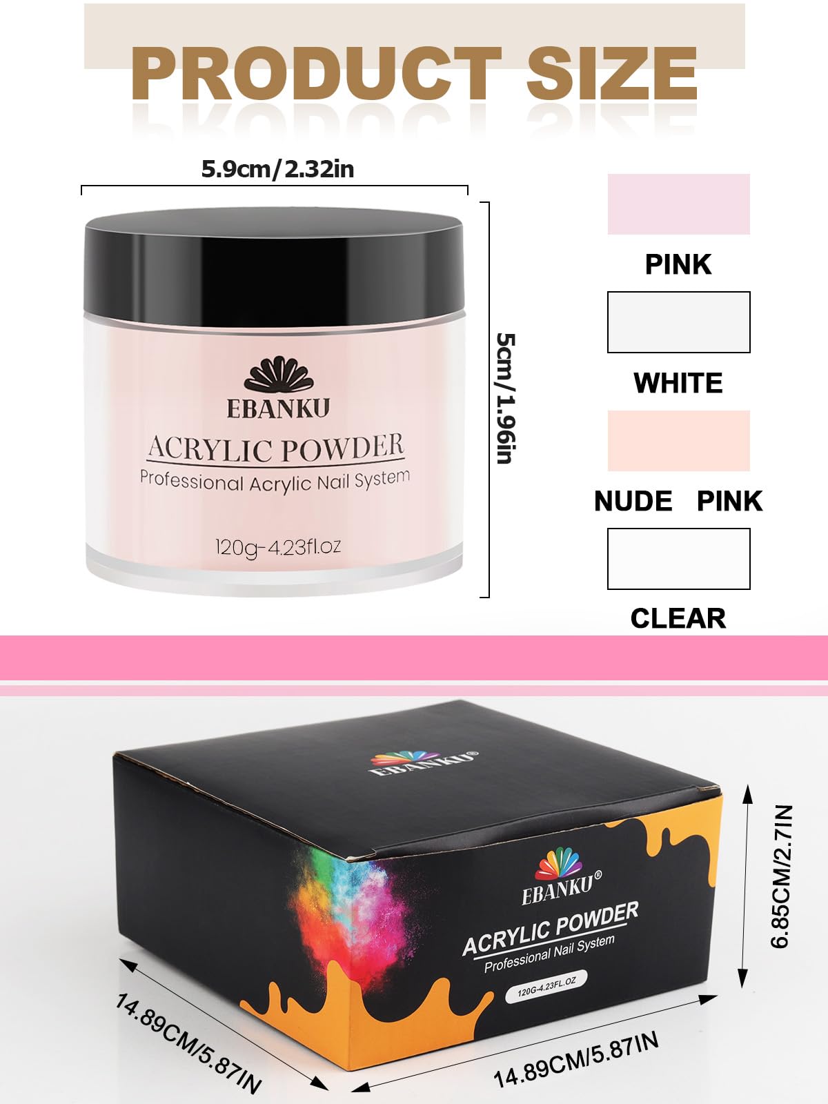 EBANKU Acrylic Powder Set Nude Pink Milky White Clear Big Capacity 4.23oz*4