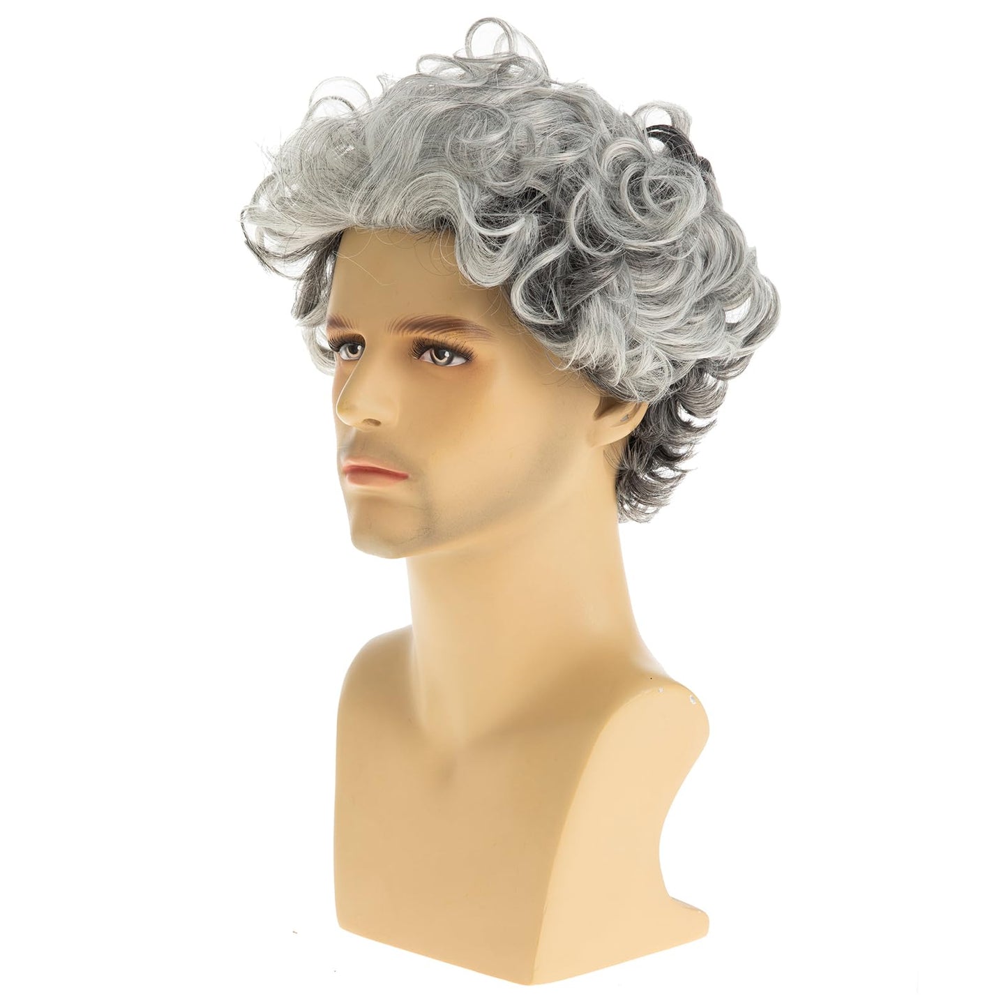 Dsimeig Mens Wig Grey Short Curly Wavy Cosplay Hair Wigs,Grey&White