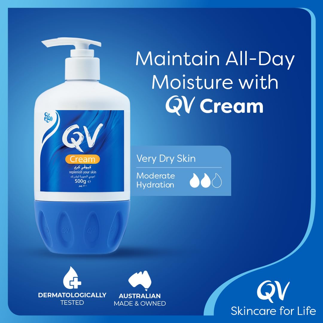 QV Cream with 10% Glycerin (1050g) Rich Protective Moisturiser for Sensitive, Dry Skin, Fragrance Free, Noncomedogenic Body Cream, Hydrating Skin Care for Eczema, Psoriasis, Dermatitis, Pump Bottle