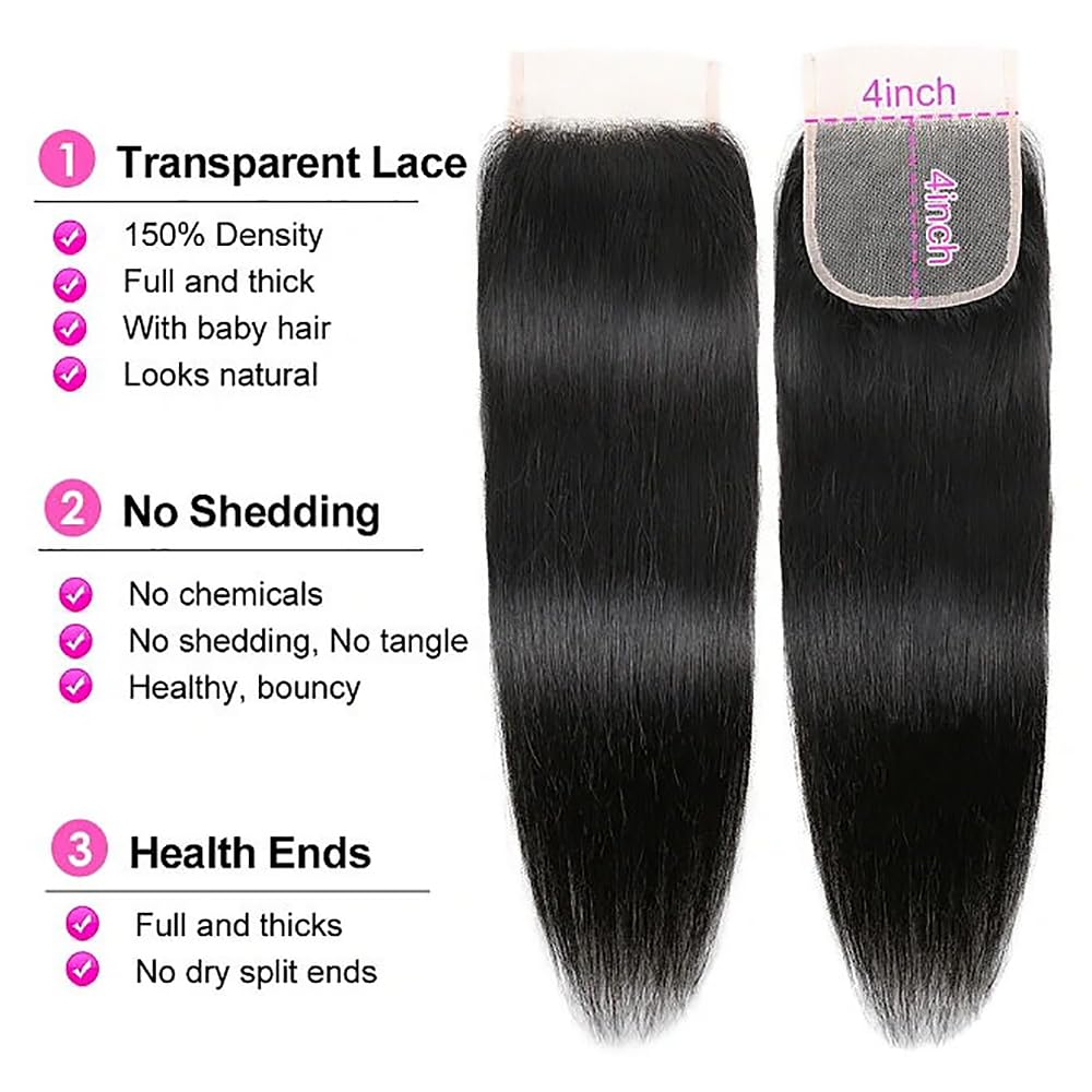 4X4 Straight HD Lace Closure Human Hair Extensions 12A Brazilian Virgin Remy 100% Unprocessed Human Hair Frontal Free Part Closure Only Pre Plucked With Baby Hair Natural Black 18 Inch