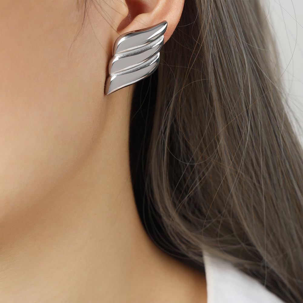 JeanBeau Chunky Silver Large Feather Stud Earrings for Women, Trendy Statement Wing Textured Lightweight Hypoallergenic Earing Prom Fashion Jewelry Gift
