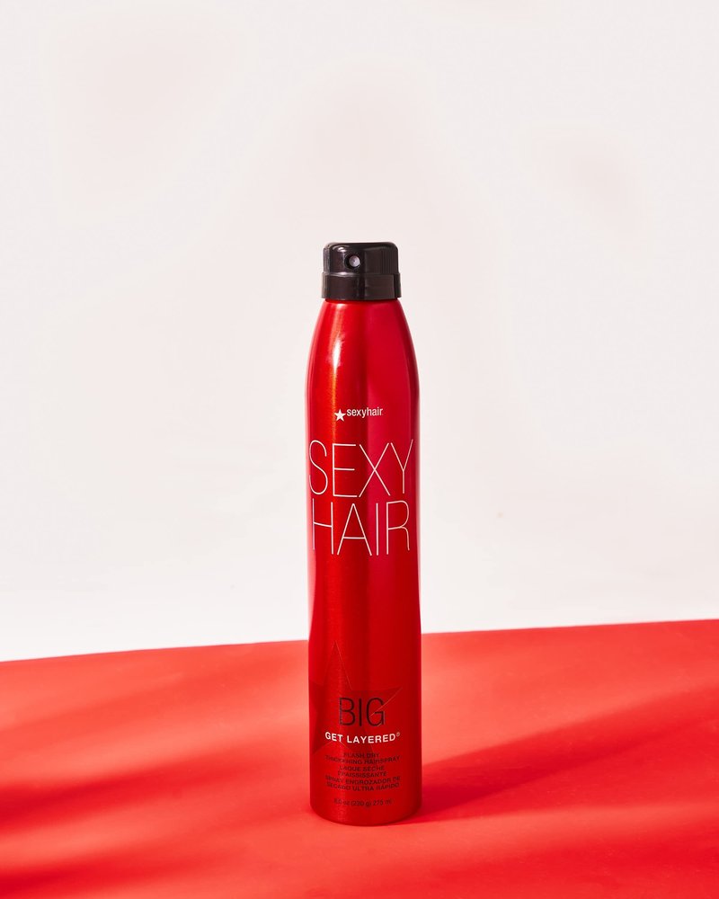 SexyHair Big Get Layered Flash Dry Thickening Hairspray, 8 Oz | Buildable Texture, Volume and Shine | Up to 72 Hours of Humidity Resistance