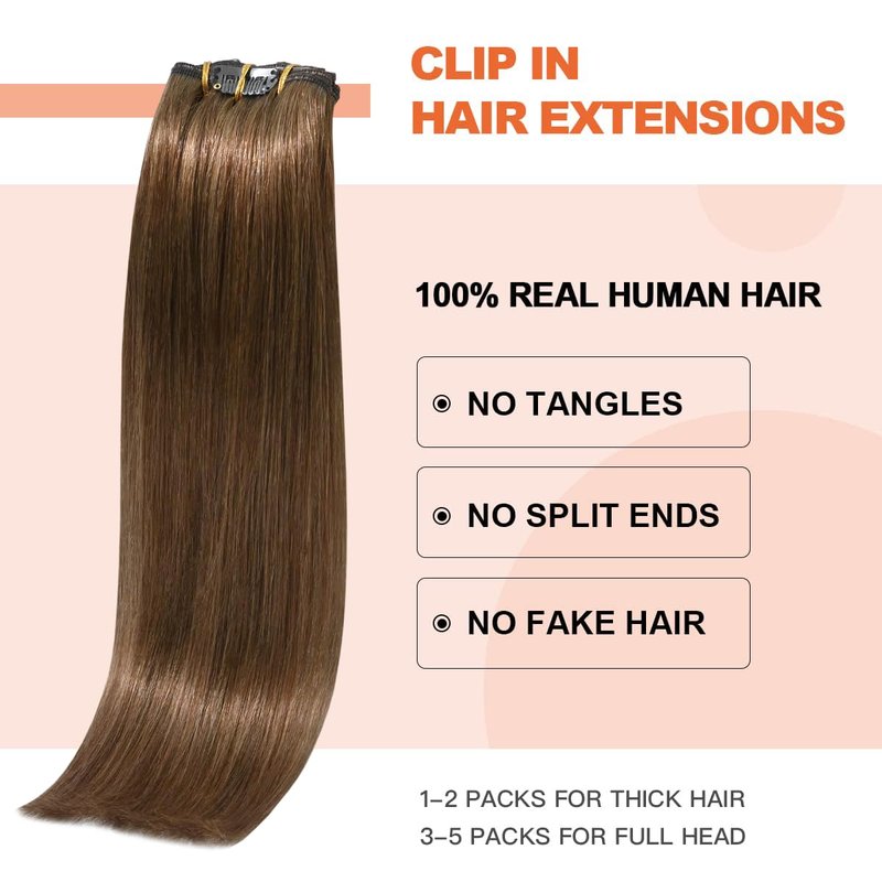 UGOTRAYS Light Brown Hair Extensions Clip in Human Hair 18 Inch 70g 7pcs Remy Hair Silky Straight 16clips One Pack for Women #6 Chestnut Brown Hair Extensions