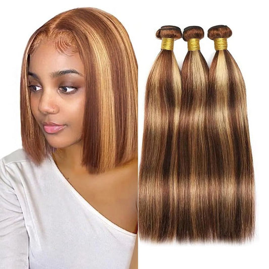 P4/27 Bundles Human Hair 4/27 Straight Bundle Ombre Human Hair Bundles 14 14 14 Inch Soft And Healthy Unprocessed Brazilian Remy Hair Extensions Honey Brown Bundle 3Pcs/Set