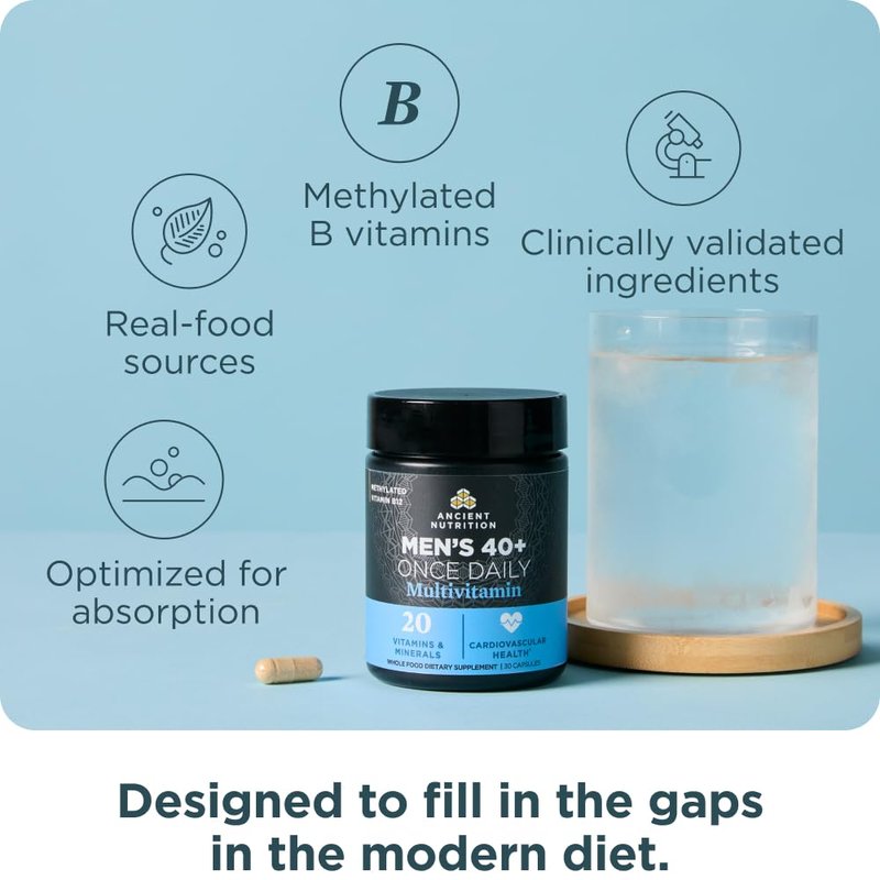 Ancient Nutrition Multivitamin for Men, Multi Men's 40+ Once Daily Vitamin Supplement, Magnesium, Vitamin A, Methylated B and K2, Supports Immune System , 30 Ct