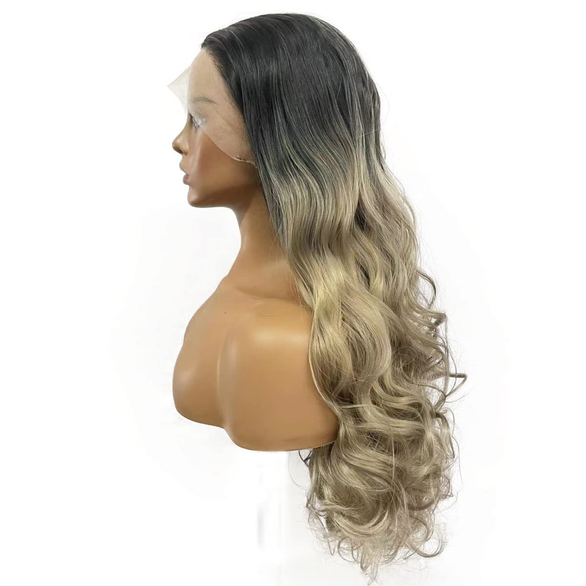 Peakia Long Wavy Blonde Black Ombre Natural Half Hand Tied Synthetic Lace Front Wig
