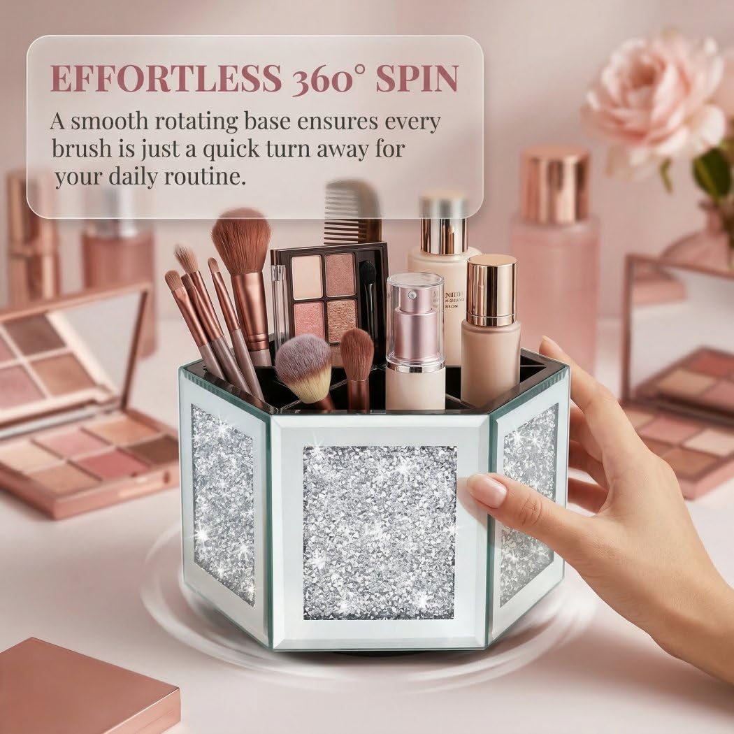 VOHJD Rotatable Multifunctional Jewelry Utensil Holder Hexagon Jewelry Make up Organizer Cups Crush Diamond Mirror Decor, brush/office pen cup holder Eyeliners Display Case for Vanity