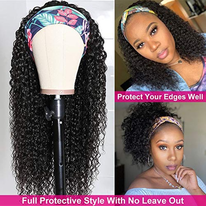 Eooma Glueless Wigs Human Hair Headband Wig Human Hair Half Wig for Black Women (18 inch) Briazilian Curly Scarf Wig No Gel Remy Hair None Lace Front Machine Made Wigs Human Hair