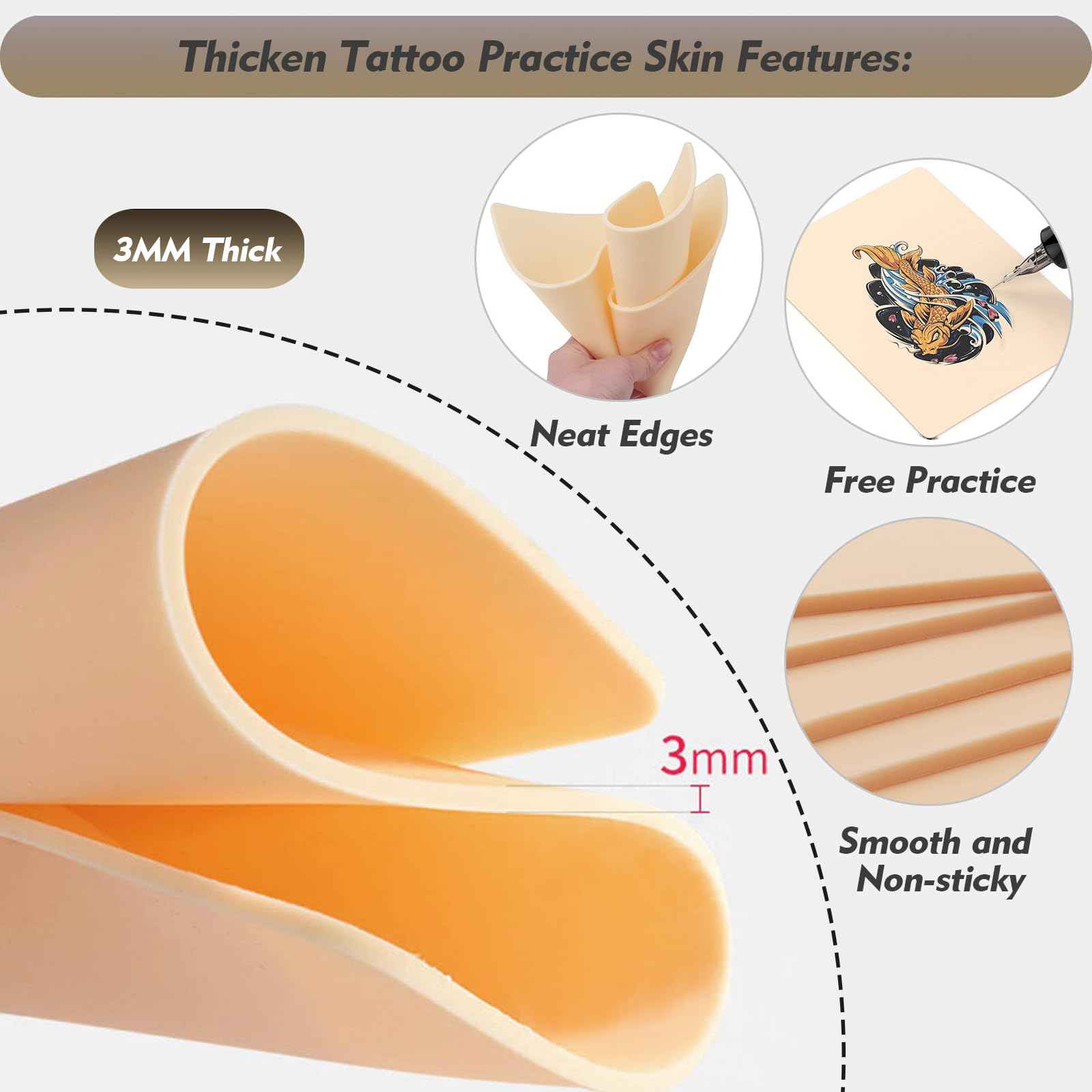Rayyl 3MM Tattoo Fake Skin - 10Pcs Practice Fake Skin 3MM Thick Soft Silicone Double Sides 7.48x5.62" Eyebrow Practice for Tattoo Beginner & Experienced Artist (10pcs)