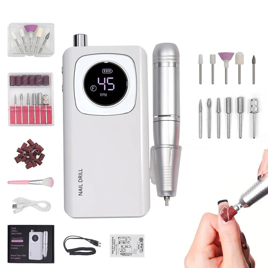 Coxcsi Electric Nail Drill, Nail File 45000RPM, Cordless Drill Machine Professional, Portable Nail Drill kit, Rechargeable with Drill Bits, Nail E File for Acrylic Gel Nail Salon