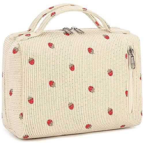Bluboon Makeup Bag Zipper Pouch Travel Toiletry Bag Portable Cosmetic Bag Organizer for Women and Girls(Strawberry Corduroy Beige)