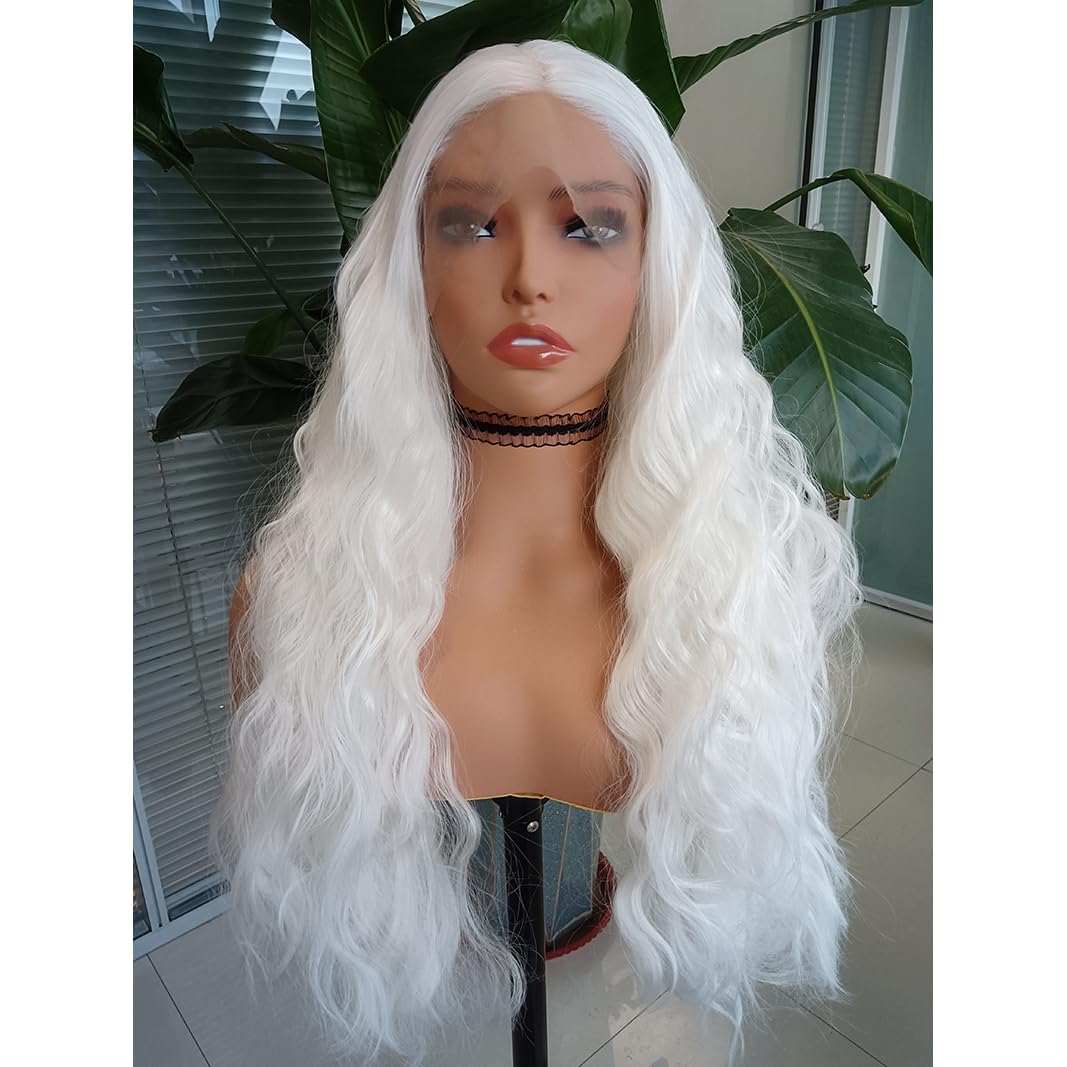 RONGDUOYI RDY 24" White Lace Front Synthetic Wig Loose Water Wave Heat Fiber Hair Natural Looking Long Wavy Lace Front Wigs for Women Half Hand Tied Wig Cosplay Daily Use Hair