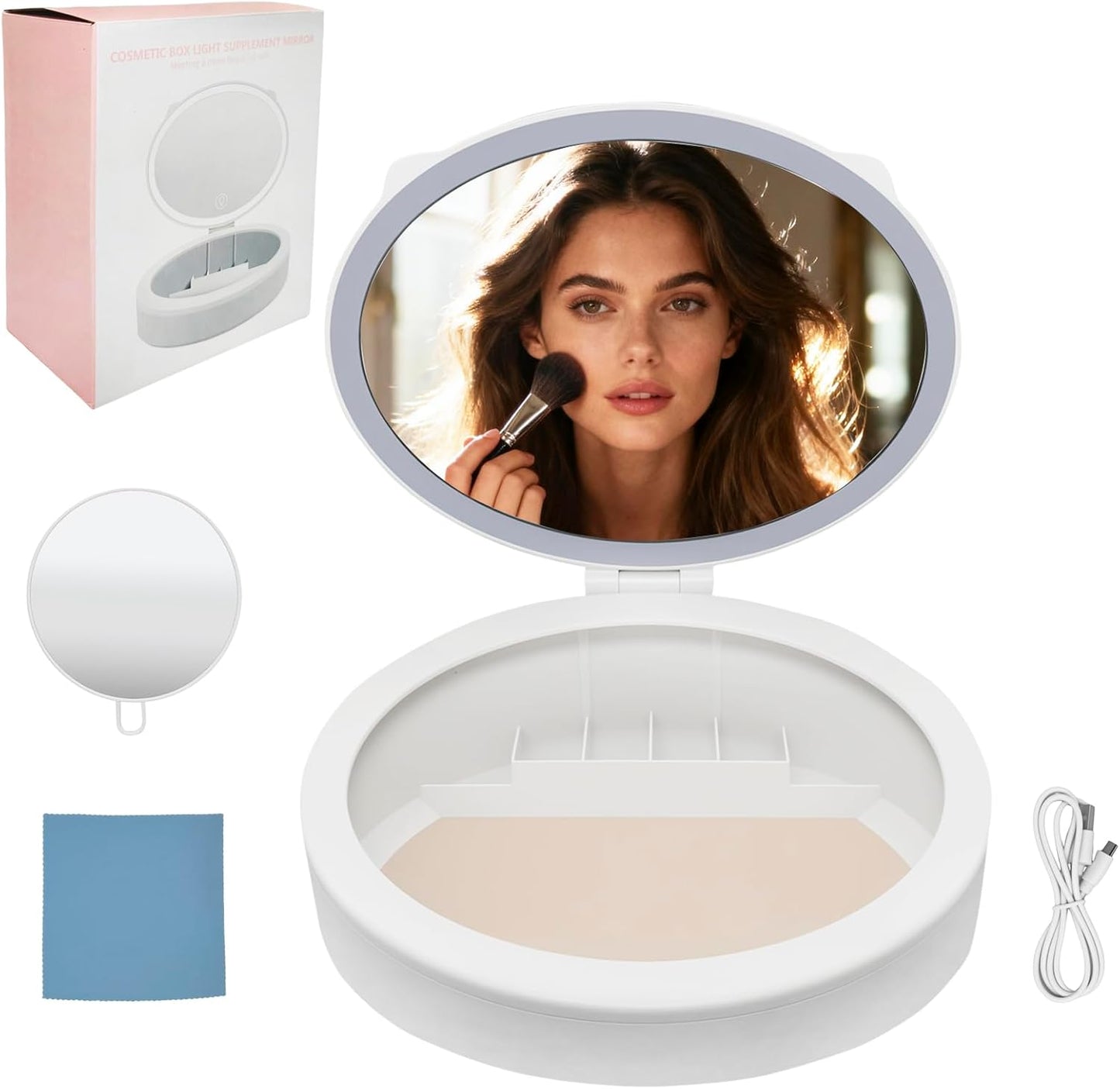 LED Makeup Mirror - 10X/1X Magnifying Vanity Mirror with 66 LEDs | 3 Lighting Modes & Storage (White)