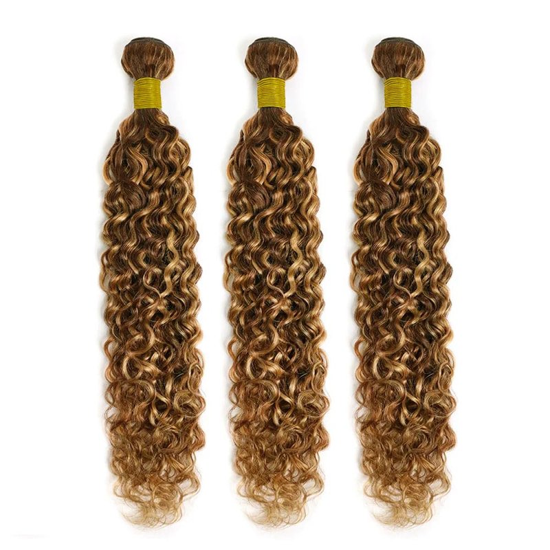 Ombre Curly Human Hair Bundles P4/27 Highlight Bundles Human Hair 12 14 16 Inch Honey Brown Bundle Double Weft Unprocessed Brazilian Virgin Remy Hair Extensions 3Pcs/Set