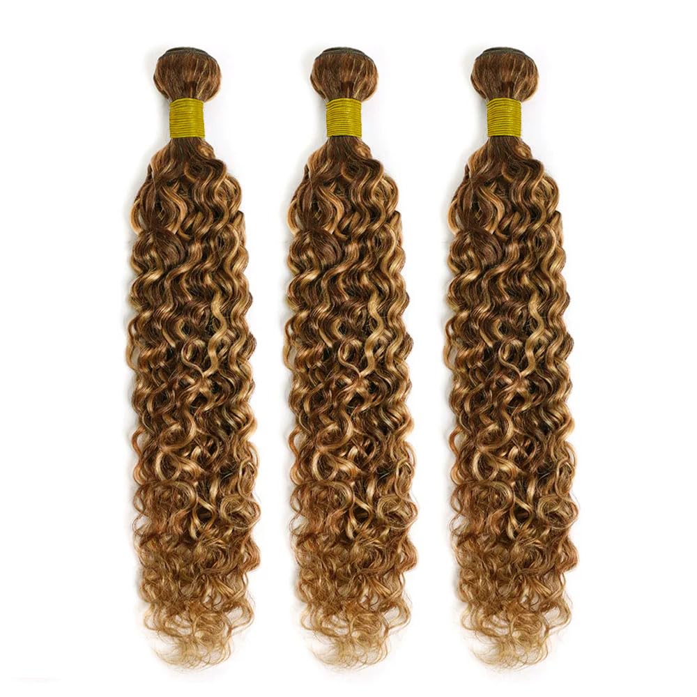 Ombre Curly Bundles Human Hair 4/27 Human Hair Bundles Highlight Honey Brown Bundle 14 14 14 Inch Salon Quality Double Weft Brazilian Virgin Remy Hair Extensions Deals