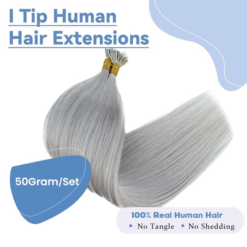 Silver I Tip Hair Extensions - Human Hair Pre-Bonded Cold Fusion Stick Tip Real Remy Hair Piece for Women - Invisible Keratin Microlink Extensions 16 Inch 100 Strands 50G
