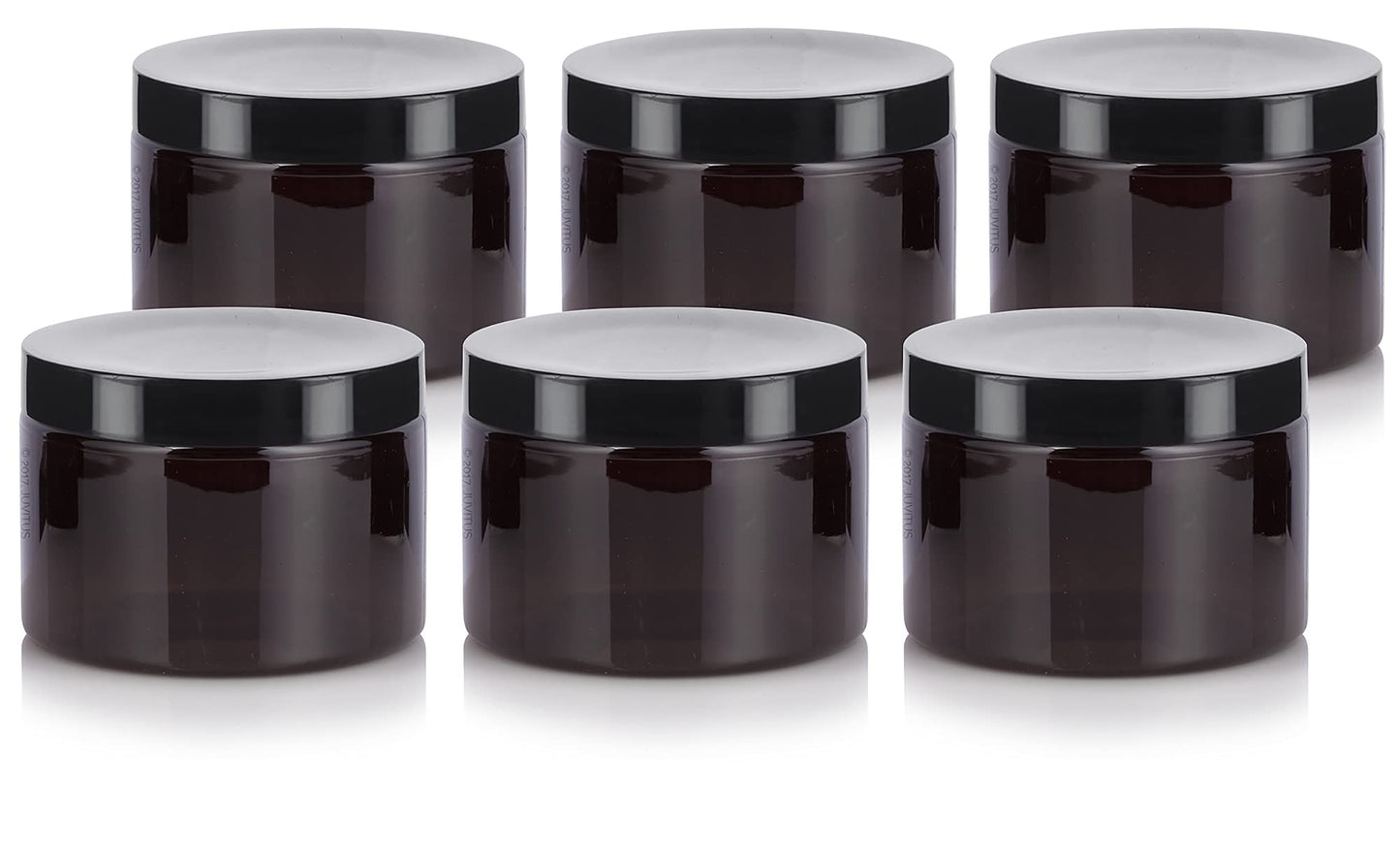 JUVITUS (6 pack) 12 oz Amber PET Plastic Jar with Black Smooth Lids Empty Storage Containers