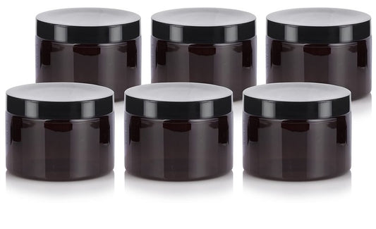 JUVITUS (6 pack) 12 oz Amber PET Plastic Jar with Black Smooth Lids Empty Storage Containers