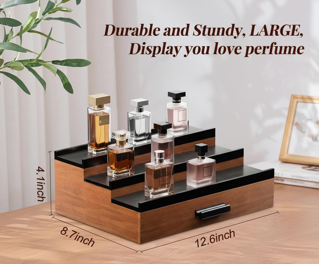 Cologne Organizer for Men – Black Wood Cologne Stand with Drawer & Storage, 3 Tier Perfume Display Holder for Bedroom, Office, Bathroom – Ideal Gift for Men, Father, Husband