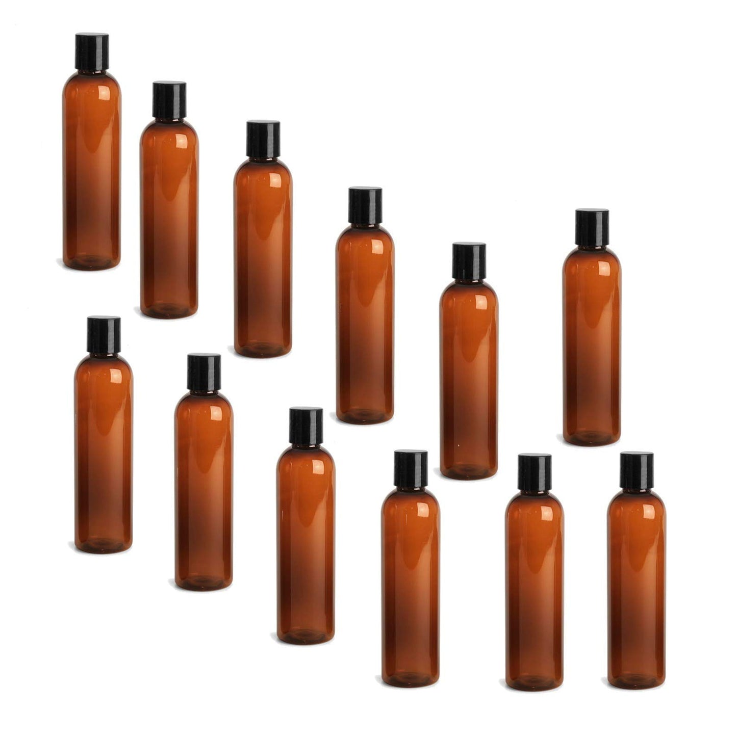 Natural Farms Empty Shampoo Bottles - 8 oz - 12 Pack -Amber Cosmo Empty Black Disc top Squeeze Plastic Bottle- for Essential Oils- Perfumes