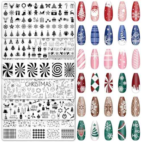 Whaline 6Pcs Christmas Nail Plates Stamping Set Xmas Tree Snowflake Snowman Stamp Templates Nail Art Plates for Winter DIY Print Manicure Salon Design Gift