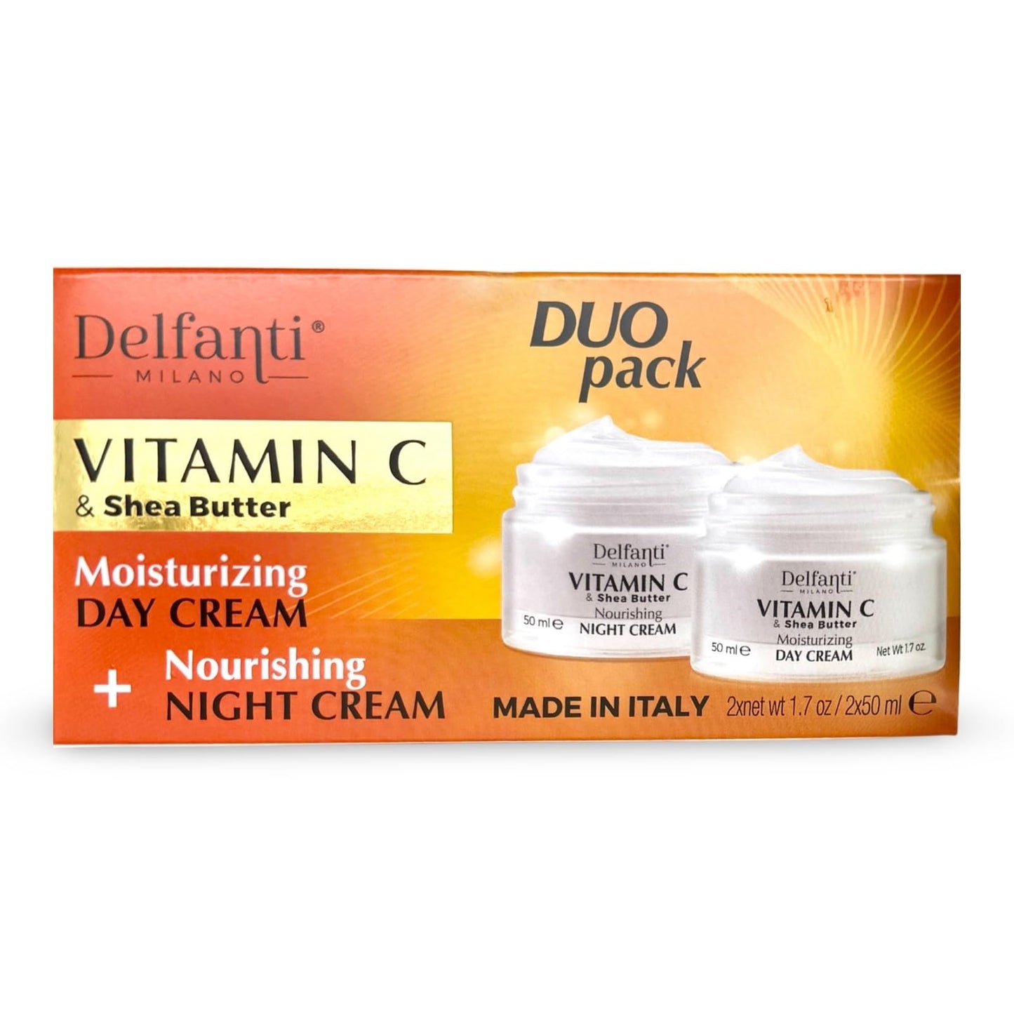 Delfanti-Milano • VITAMIN C & SHEA BUTTER• DUO pack • Day + Night Creams • Face, Neck Décolleté Moisturizing and Nourishing Cream for renewed complexion • Made in Italy