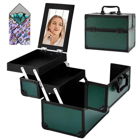 GALHUBIS Makeup Train Case, Portable Makeup Case with Mirror, 2-Trays Cosmetic Organizer Case,Nail Polish Organizer, Travel Makeup Box, Profesional for Salon Barber, Green