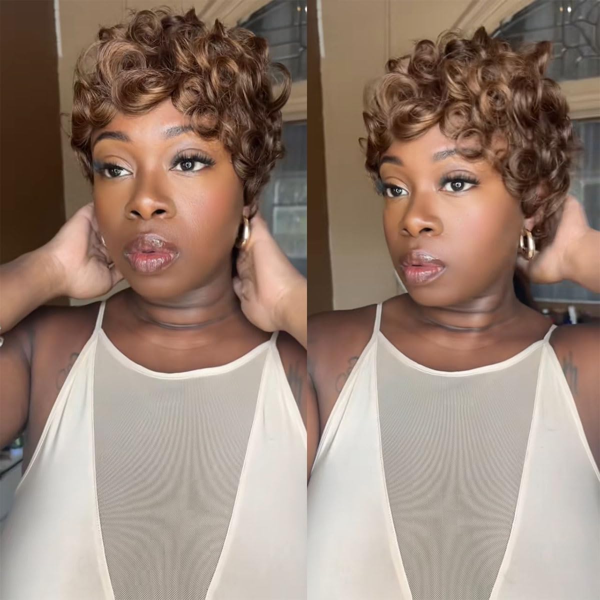 ShowReal Pixie Cut Wigs for Black Women Pixie Cut Human Hair Wigs Natural Black Short Curly Human Hair Wig Short Layered Brazilian Virgin Human Hair Gluless Wigs (025-1B)