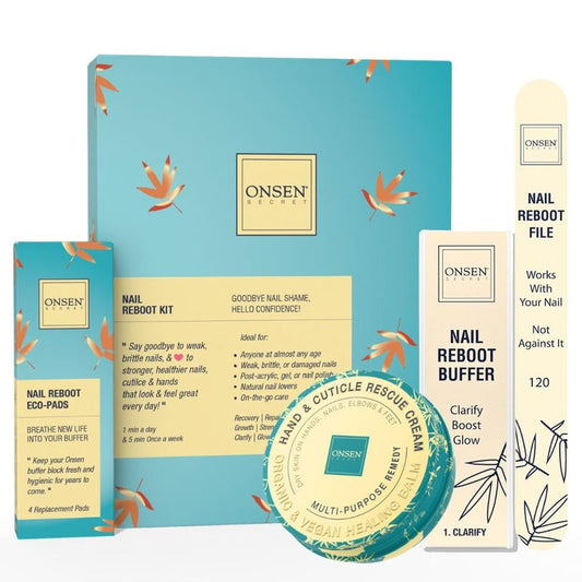 Onsen Secret Essential Nail Reboot Kit with Hand & Cuticle Rescue Cream | Buffer Block, Professional File, Replacement Pads and Repair Cream for Strong, Healthy, Shiny Natural Nails at Home