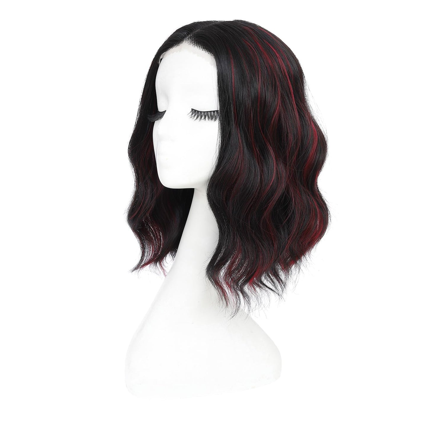 Rushinice Short Wavy Black Mixed Red Wig for Women, Lace Hairline Middle Part Bob Style Heat Resistant Synthetic Wigs Natural Looking for Daily Party 14 Inch