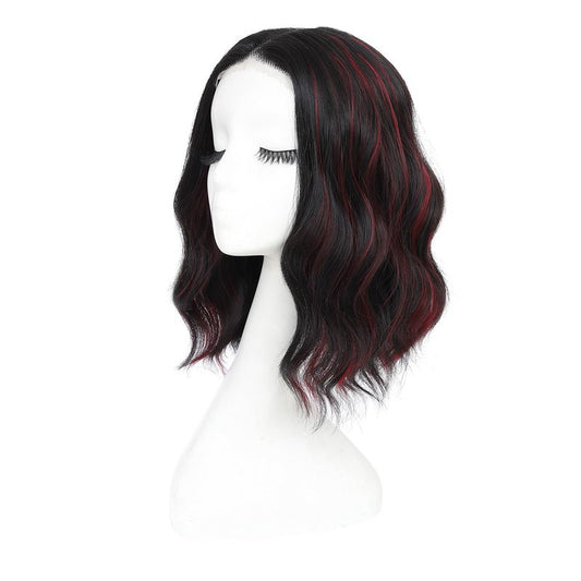 Rushinice Short Wavy Black Mixed Red Wig for Women, Lace Hairline Middle Part Bob Style Heat Resistant Synthetic Wigs Natural Looking for Daily Party 14 Inch