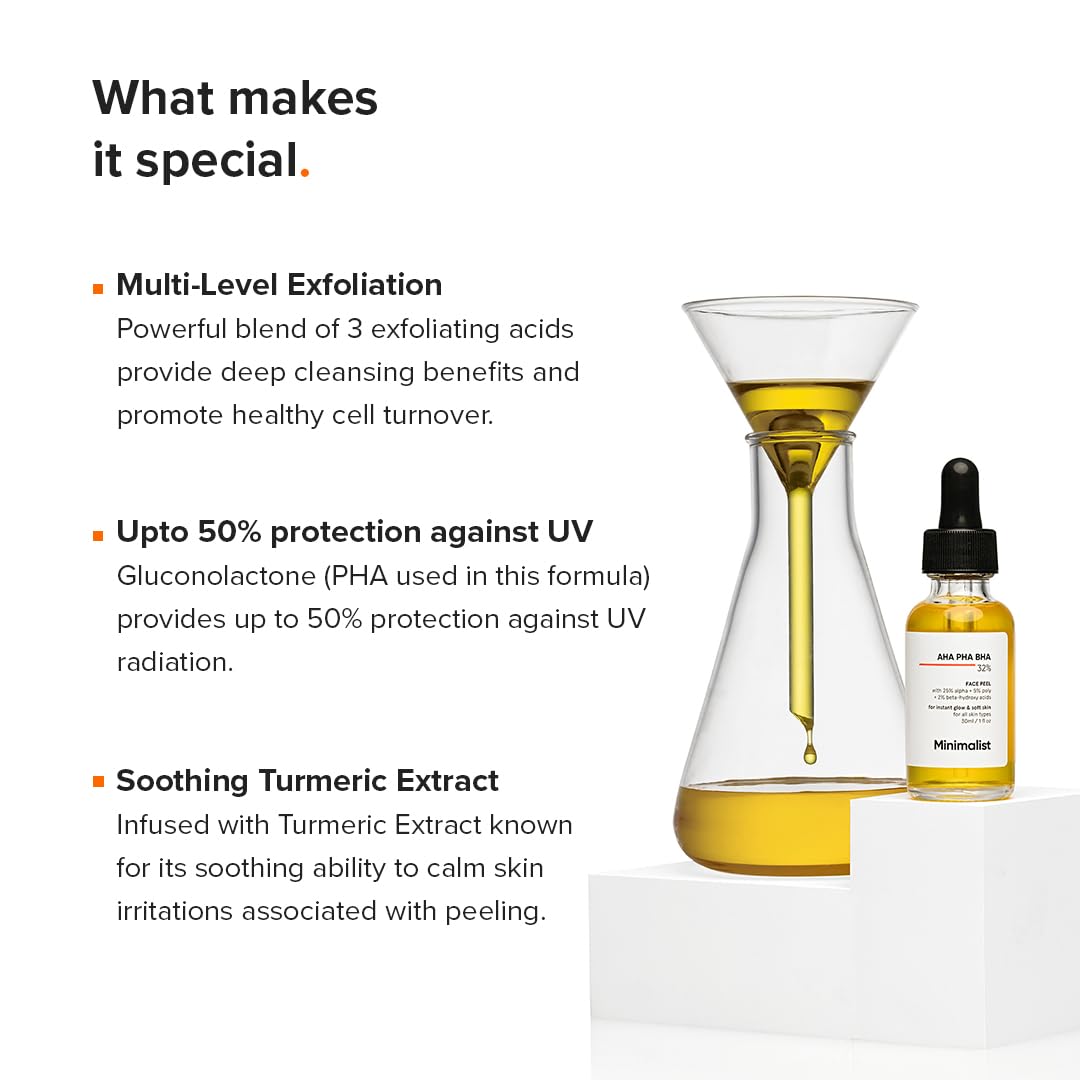 Minimalist 32% AHA BHA PHA (Turmeric Root Extract) Peeling Solution for Glowing Skin & Pore Cleansing | Weekend Facial Exfoliant Peel for Deep Pore Cleansing | For Women & Men | 1 Fl Oz / 30 ml