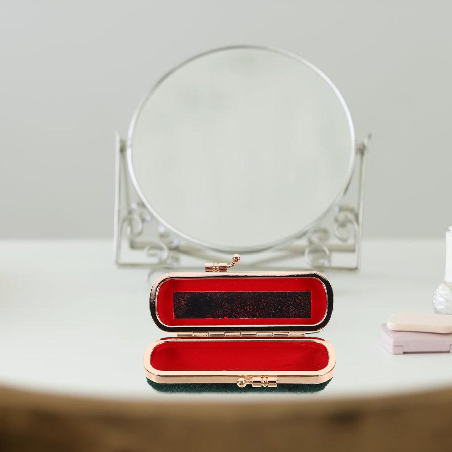 Cabilock Retro Lipstick Box with Mirror Compact Lip Balm Organizer Durable Cosmetic Storage Case Fits One Lipstick for Travel and Daily Use 3.93X1.37X0.98 Inches