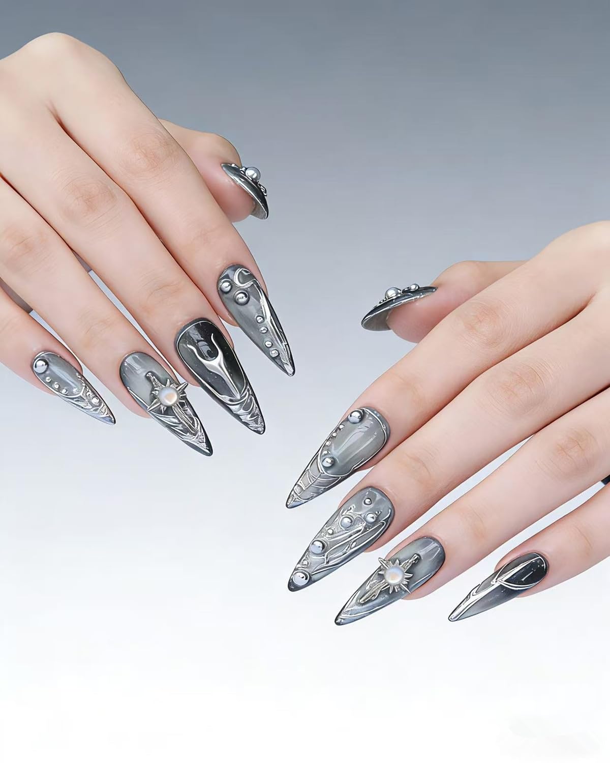 CAMILCY Luxury Handmade Press On Nails Gray Silver Gradient Almond 3D Design Long Stiletto Fake Nails Salon Quality Reusable Acrylic Nails for Women (B07, M)