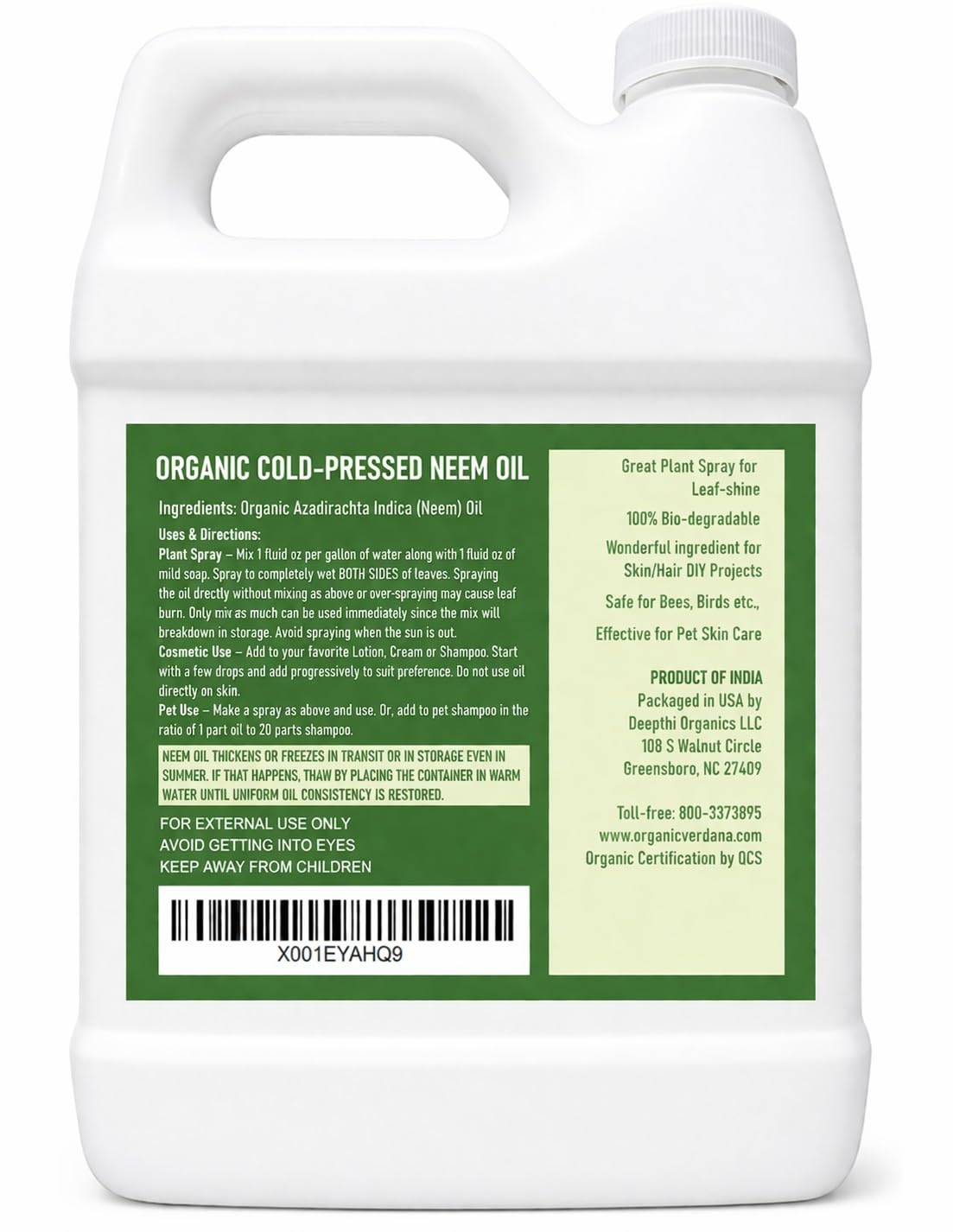 Verdana Organic Neem Oil – Cold Pressed, 100% Pure Neem Seed Oil, Concentrated Multi-Purpose Oil for Skin, Hair & Plant Use, No Additives - 32 Fl Oz