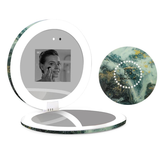 FENCHILIN Compact UV Mirror for Sunscreen Skin Care, 2X Magnification Handheld Double-Sided Illuminated Mirror with Built-in UV Camera, 4.3 Inch Foldable Travel Mirror